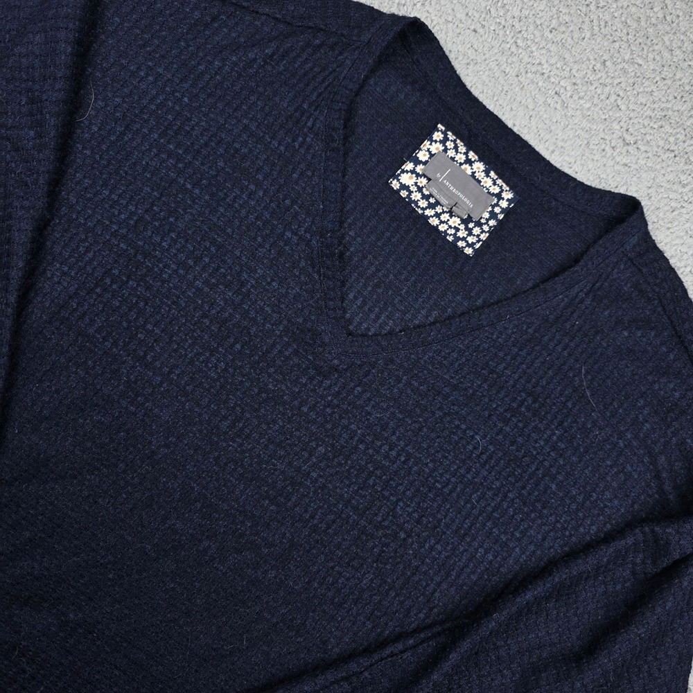 Anthropologie Waffle Knit Sweater Womens Medium Navy Blue V-Neck Thermal Relaxed